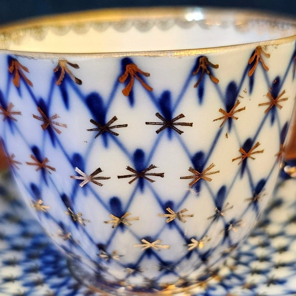 Lomonosov Imperial Porcelain Cobalt Net Tea Cup and Saucer Set Made in USSR 22K